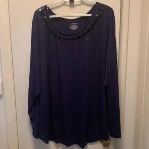 Long sleeve tee with ribbon detail on neckline.